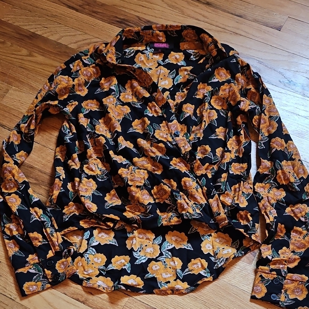 Rock & Roll Cowgirl Black and Gold Floral Top